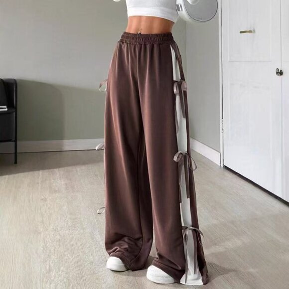 NEW Women's Casual Sports Sweatpants With Bowknot Drawstring, Coffee Br - Picture 2 of 6